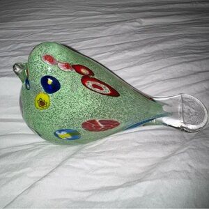 Murano Style Glass Bird Sculpture Green Hand Blown With Colorful Accents
